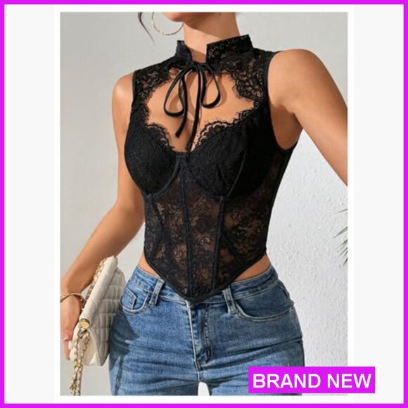 Floral Lace Corset Top Cut Out Crop Bustier Sexy Y2K Party Night Club - Picture 2 of 5